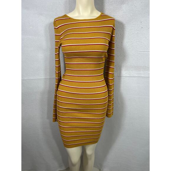 Lulus Rendezvous Mustard Yellow Striped Long Sleeve Bodycon Dress Size M NWT - Picture 3 of 7